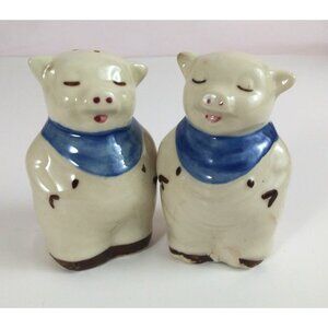 Vintage Shawnee Pottery Smiley Pig Wearing Blue Bib Salt & Pepper Shakers